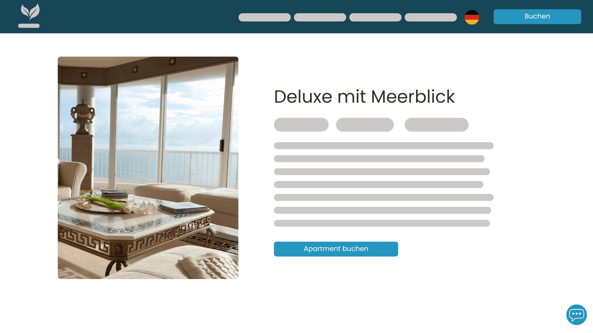 Beispiel für eine gut gestaltete Zimmer-Registerkarte – sichtbare Taste Appartement buchen