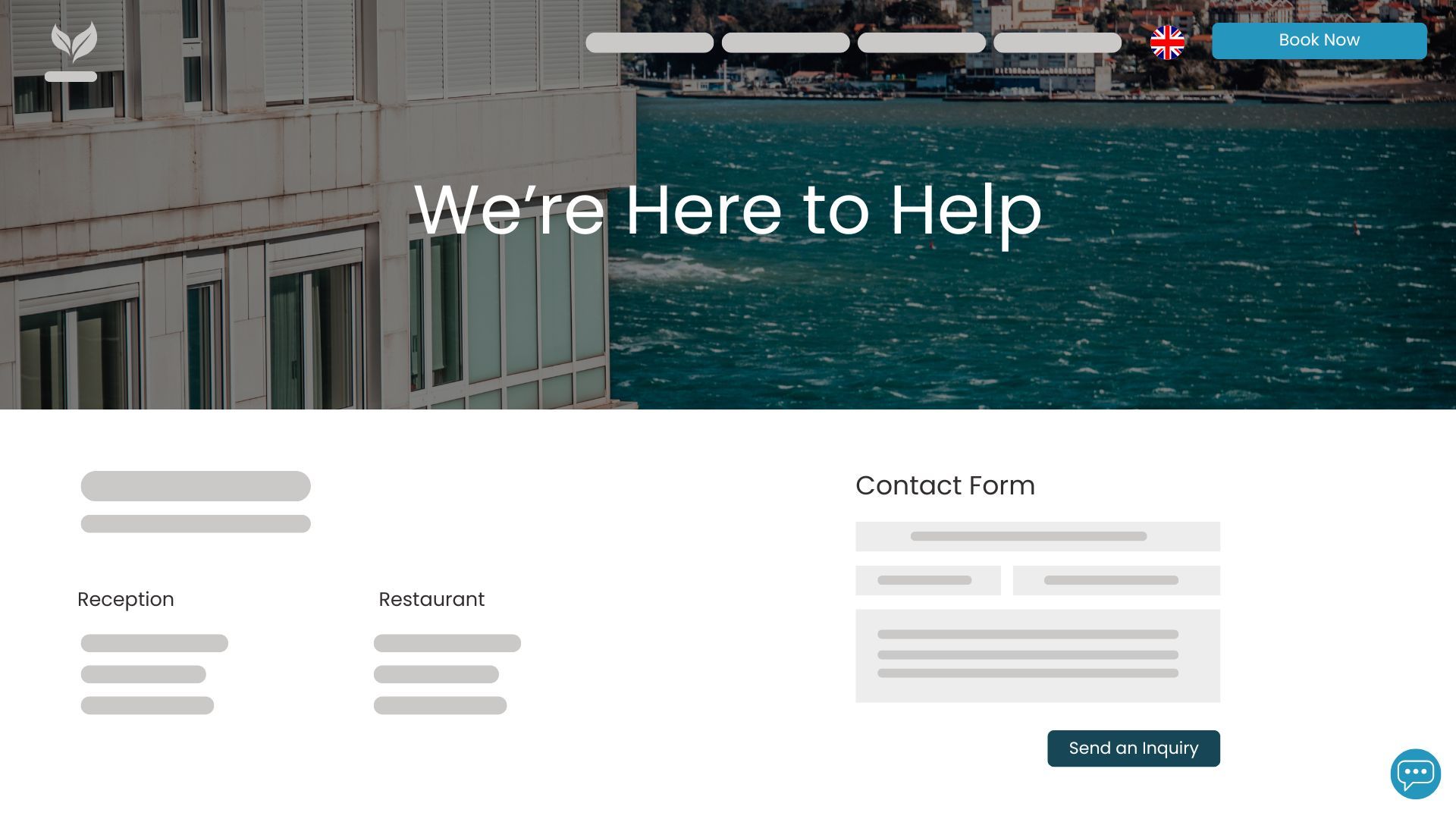 Example of a well-designed contact page. Clear layout separating different hotel departments, a simple contact form, and a live chat for instant support.